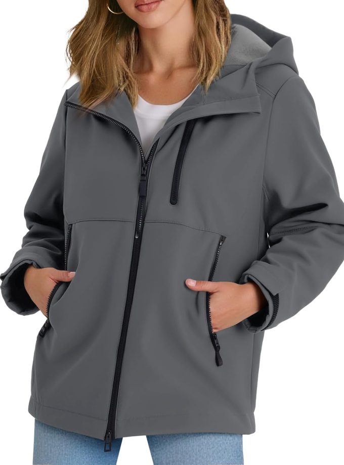 Womens Fleece Lined Rain Jacket Waterproof Lightweight Fall Winter Windbreaker Hooded Softshell Jackets