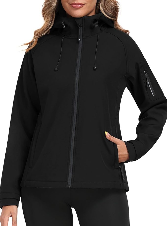 Women's Fleece Lined Softshell Jacket Hooded Windproof Lightweight Insulated Jacket Full Zip Warm Coat