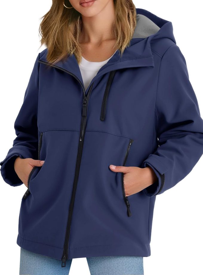 Womens Fleece Lined Rain Jacket Waterproof Lightweight Fall Winter Windbreaker Hooded Softshell Jackets