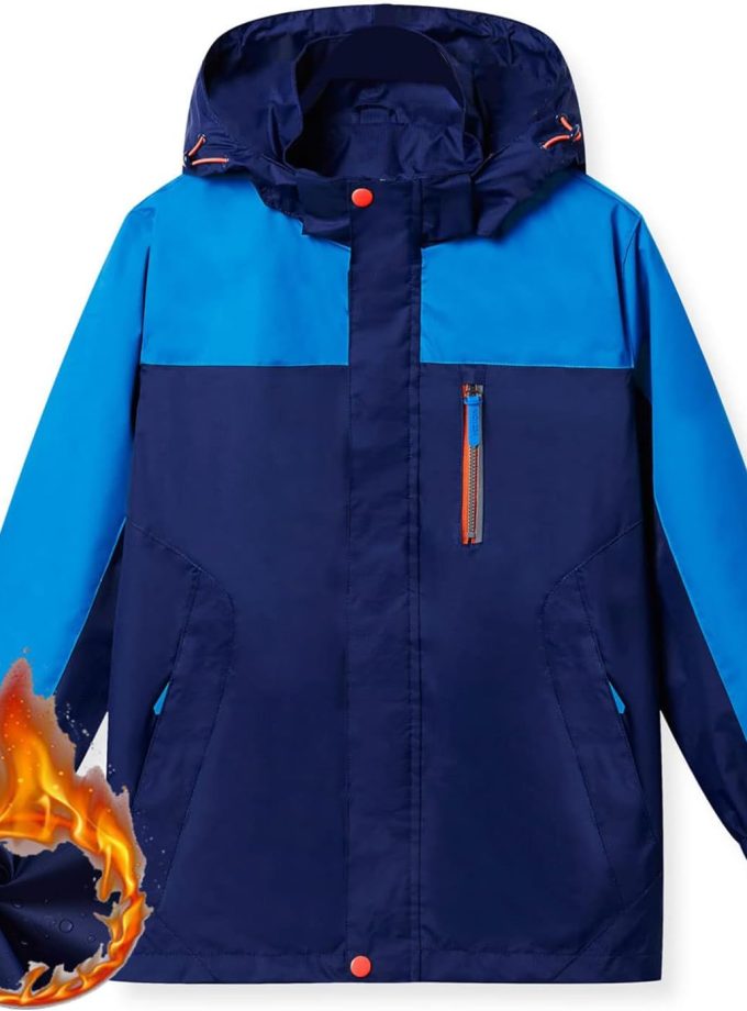 Boys Rain Jacket with Hood Waterproof Casual Lightweight Zipper Raincoat for Kids Outwear Windbreaker Clothes (5-16)