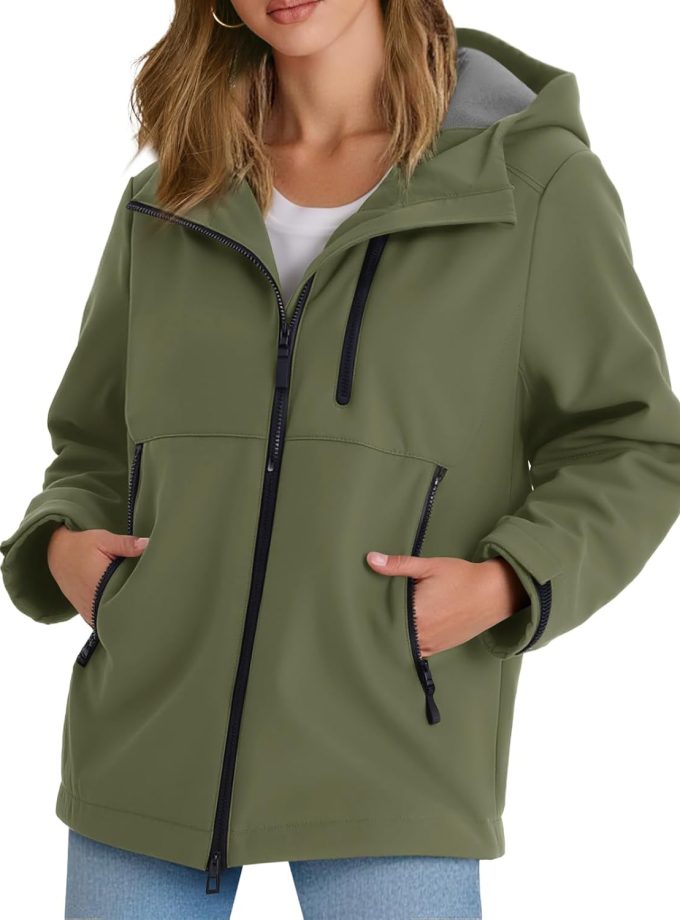 Womens Fleece Lined Rain Jacket Waterproof Lightweight Fall Winter Windbreaker Hooded Softshell Jackets