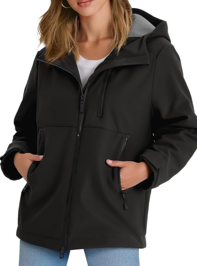 Womens Fleece Lined Rain Jacket Waterproof Lightweight Fall Winter Windbreaker Hooded Softshell Jackets