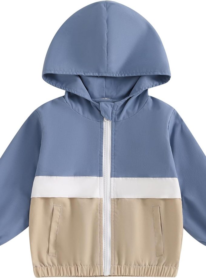 Toddler Baby Grils Boys Hoodie Zipper Waterproof Patchwork Raincoat Lightweight Windbreaker Outwear Rain Jacket 1-4T