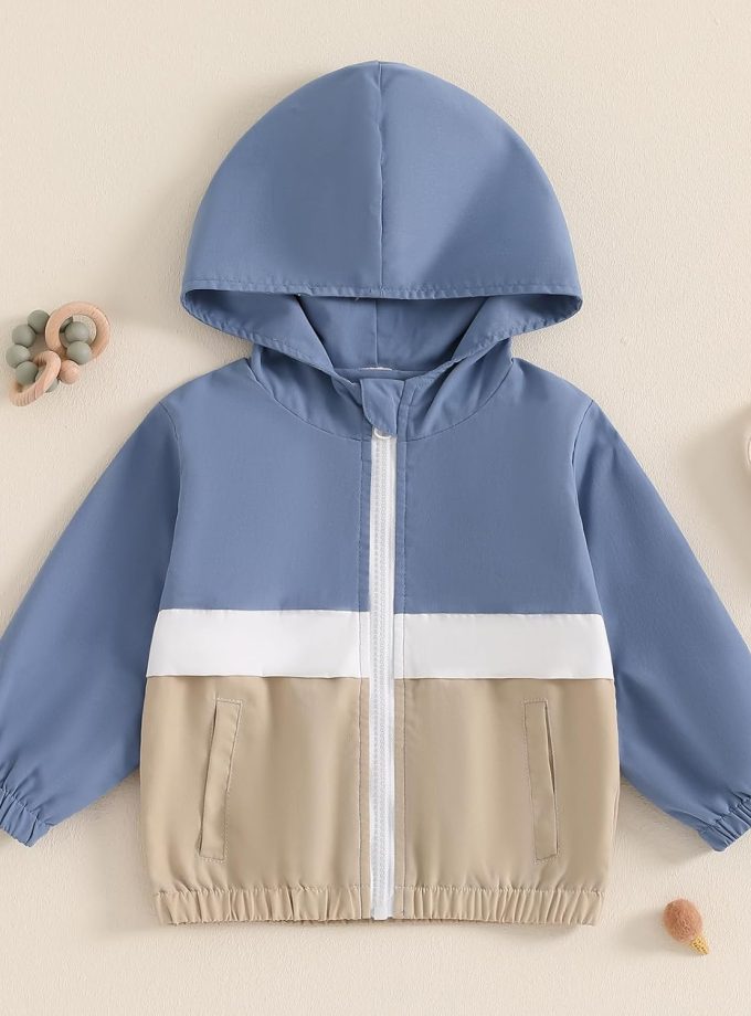 Toddler Baby Grils Boys Hoodie Zipper Waterproof Patchwork Raincoat Lightweight Windbreaker Outwear Rain Jacket 1-4T