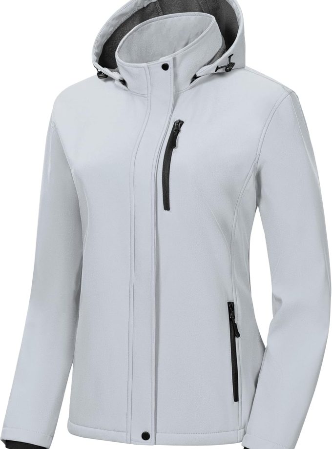 Women Softshell Jacket Lightweight Fleece Lined Rain Jacket Waterproof Warm Windbreaker Coat With Removable Hood