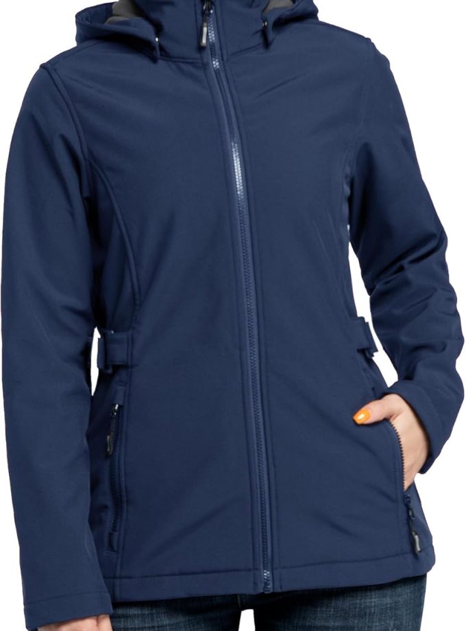 Women's Softshell Jacket with Removable Hood, Insulated Windbreaker Waterproof Warm Fleece Lined Coat