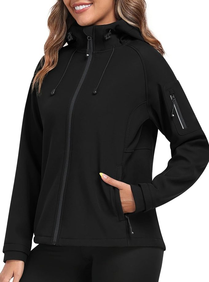 Women's Fleece Lined Softshell Jacket Hooded Windproof Lightweight Insulated Jacket Full Zip Warm Coat