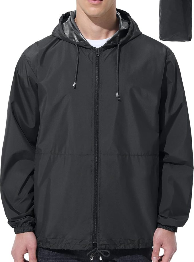 Mens Rain Jacket Raincoat Windbreaker Running Waterproof Lightweight Packable with Hood Travel Hiking Cycling