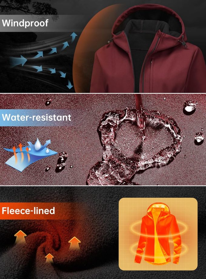 Women Softshell Fleece Lined Warm Windbreaker Jacket Light Hooded Water Resistant Rain Coat for Travel Daily